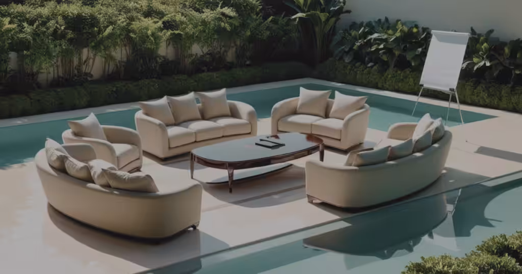 CEO Lounge mit Flipchart, Sofas und Pool – Einblicke in Online-Business-Aufbau, Skalierung & Personal Branding