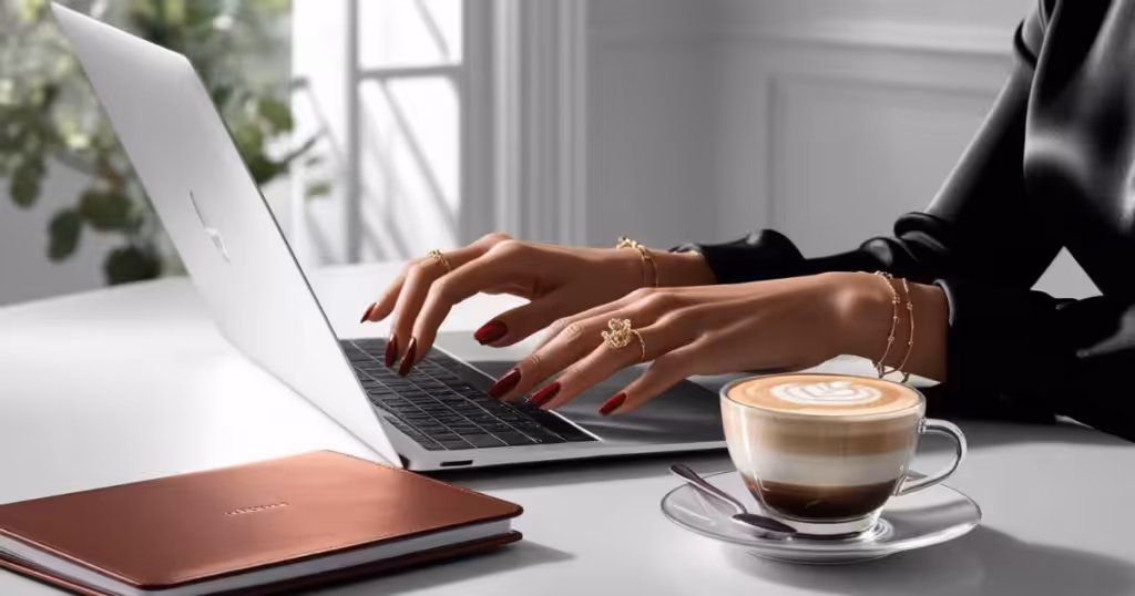 Frau mit roten Fingernägeln schreibt am Laptop bei Latte Macchiato – sinnlicher Newsletter für Online-Business-Aufbau.
